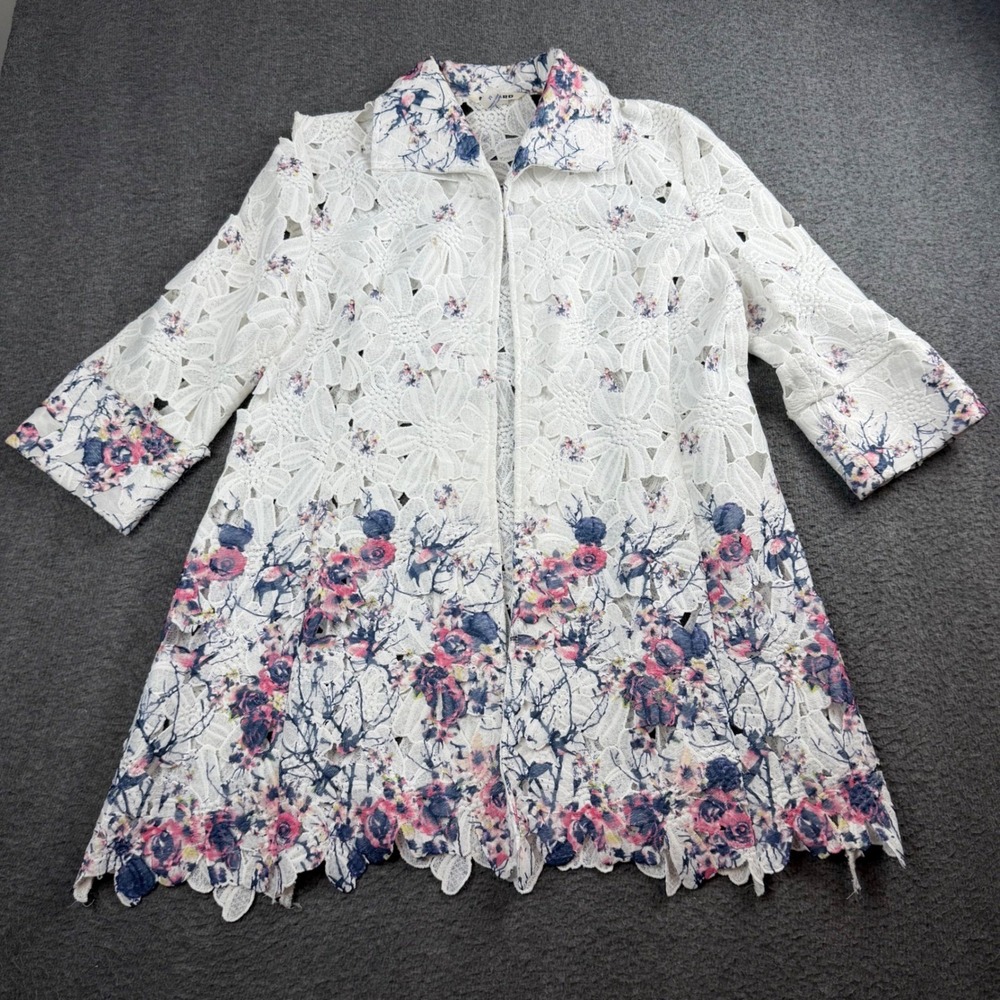 Nygard Lace Duster Jacket Womens Medium White Floral Print Open Front 3/4 Sleeve